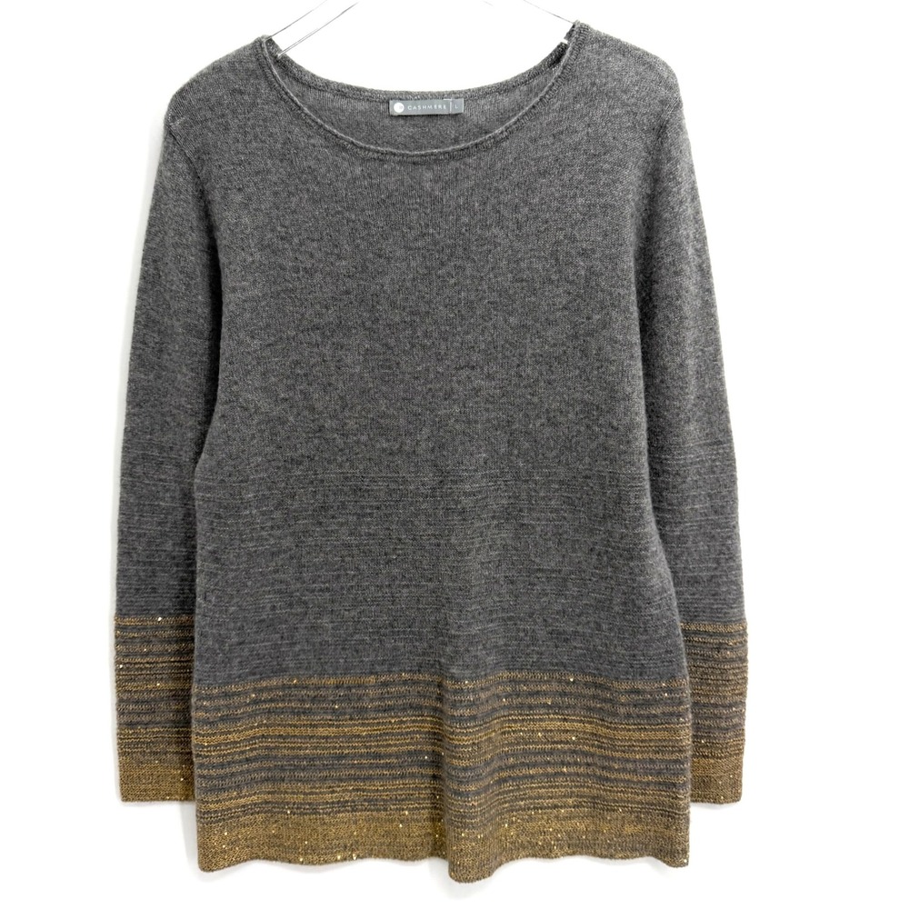 In Cashmere Sweater Size L Grey Metallic Gold Sequin Stripe Hem Quiet Luxury
